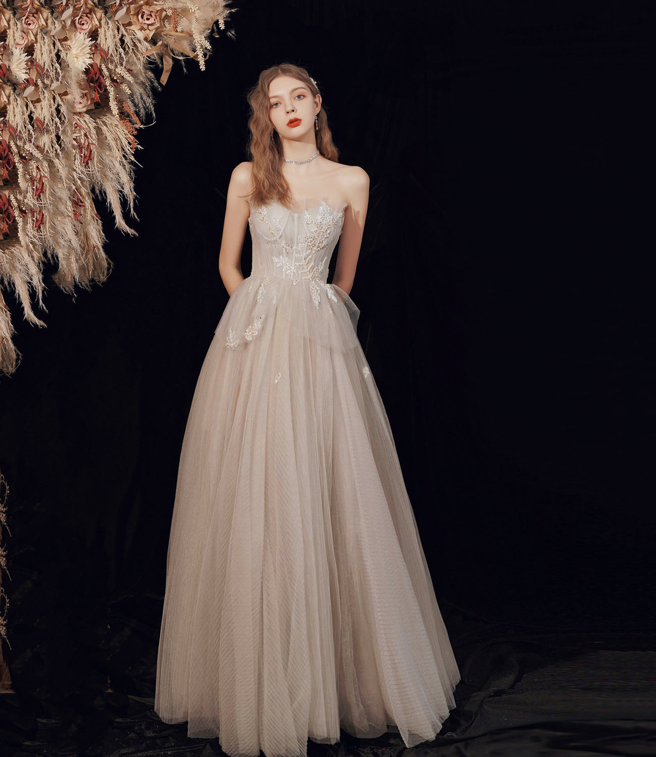 Cute tulle sequins long prom dress evening dress  10189