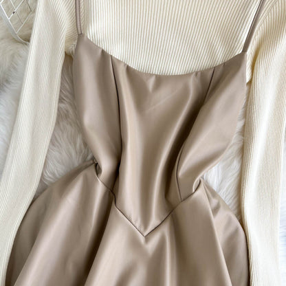Fashionable Knitted Base Sweater + A Line PU Leather Dress Fashion Dress  10885