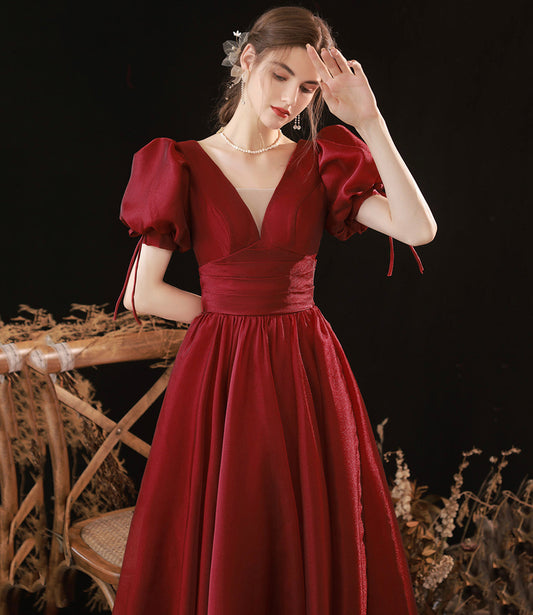 Burgundy v neck long prom dress A line evening gown  10078