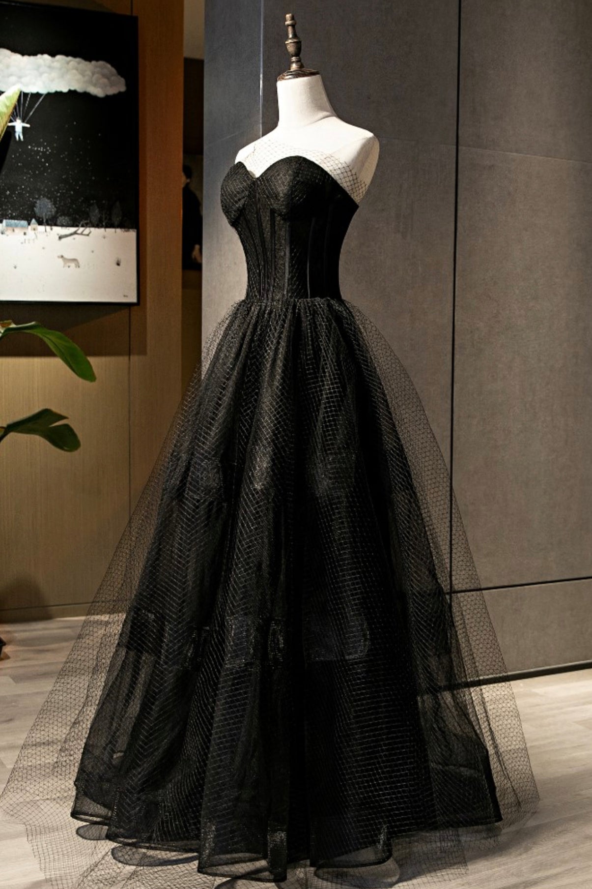Black tulle long A line prom dress black evening dress  8684