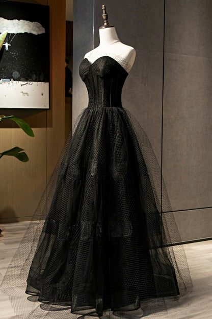 Black tulle long A line prom dress black evening dress  8684