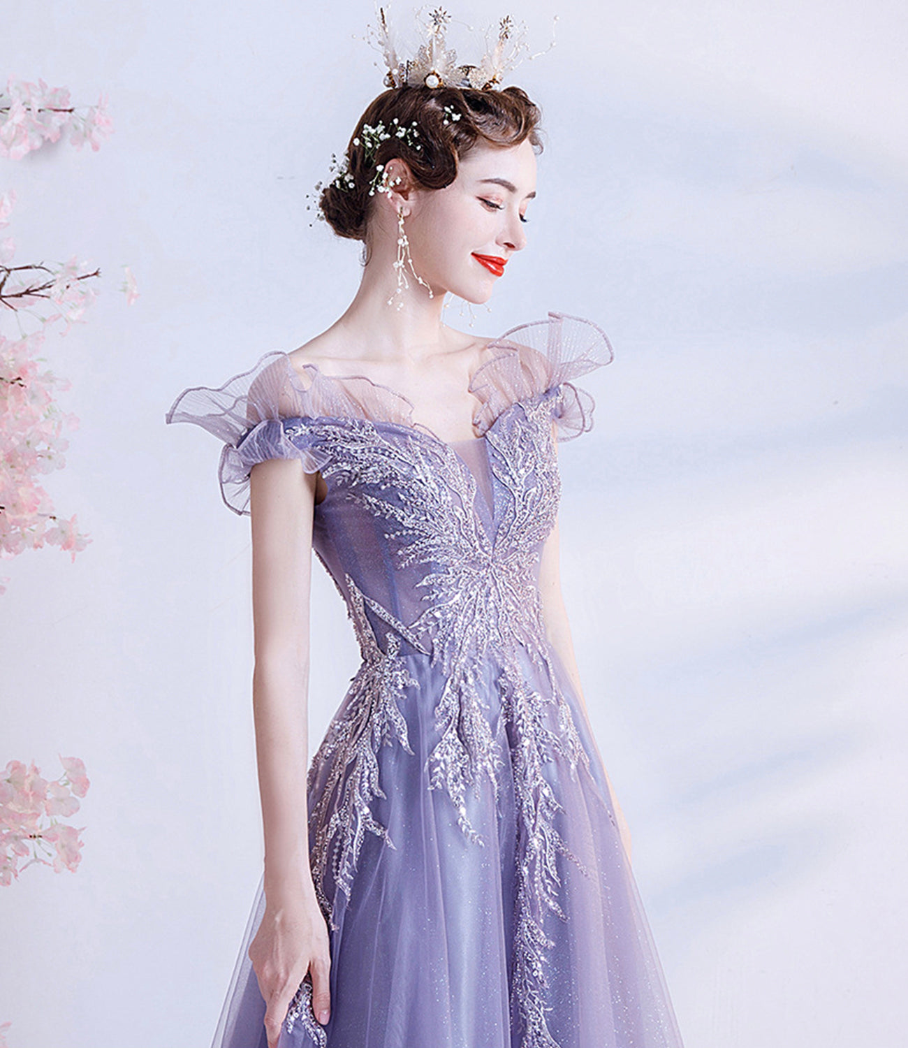 Purple tulle sequins long prom dress A line evening dress  10463