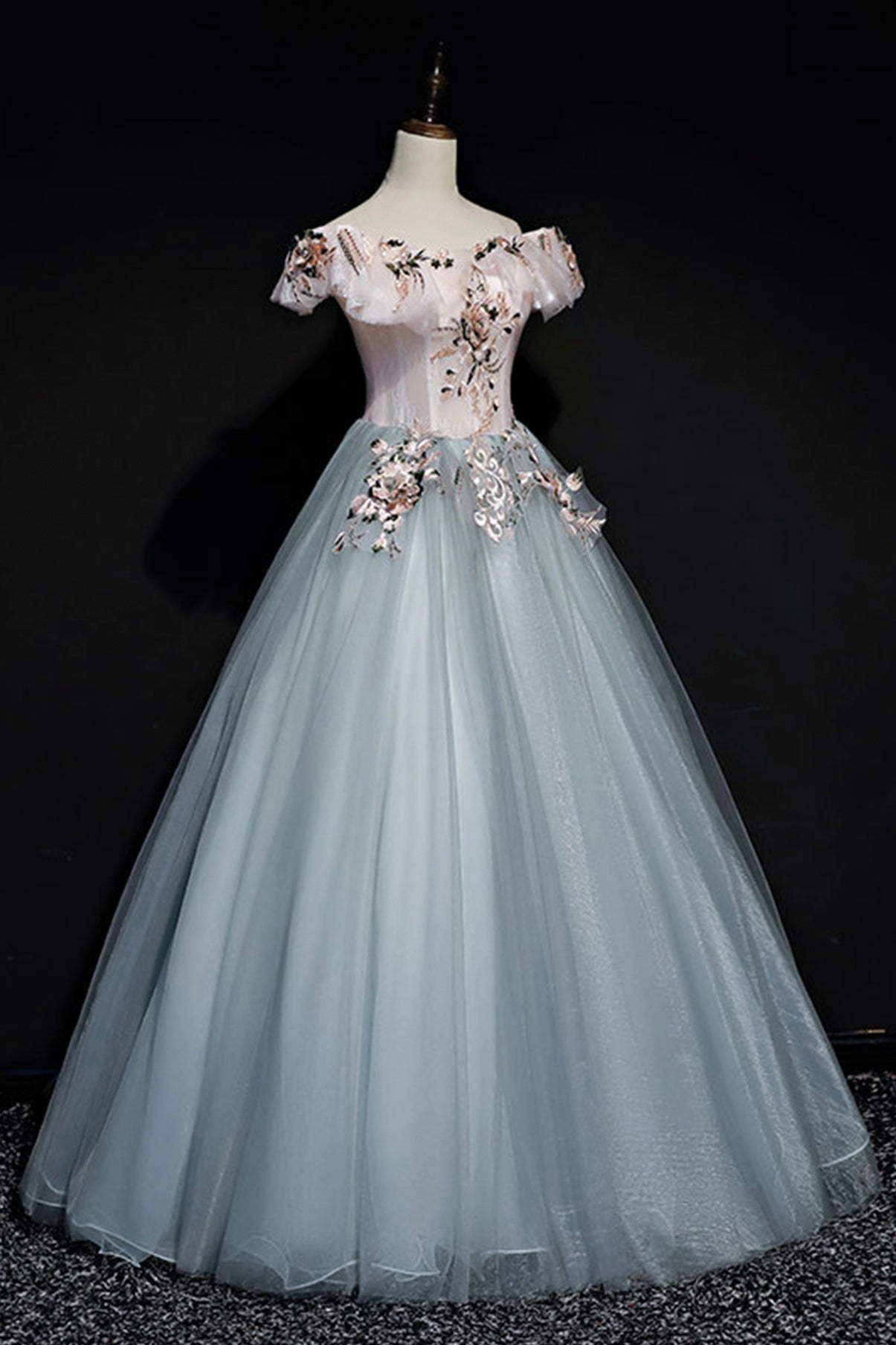 Gray tulle lace long ball gown dress formal dress  8722