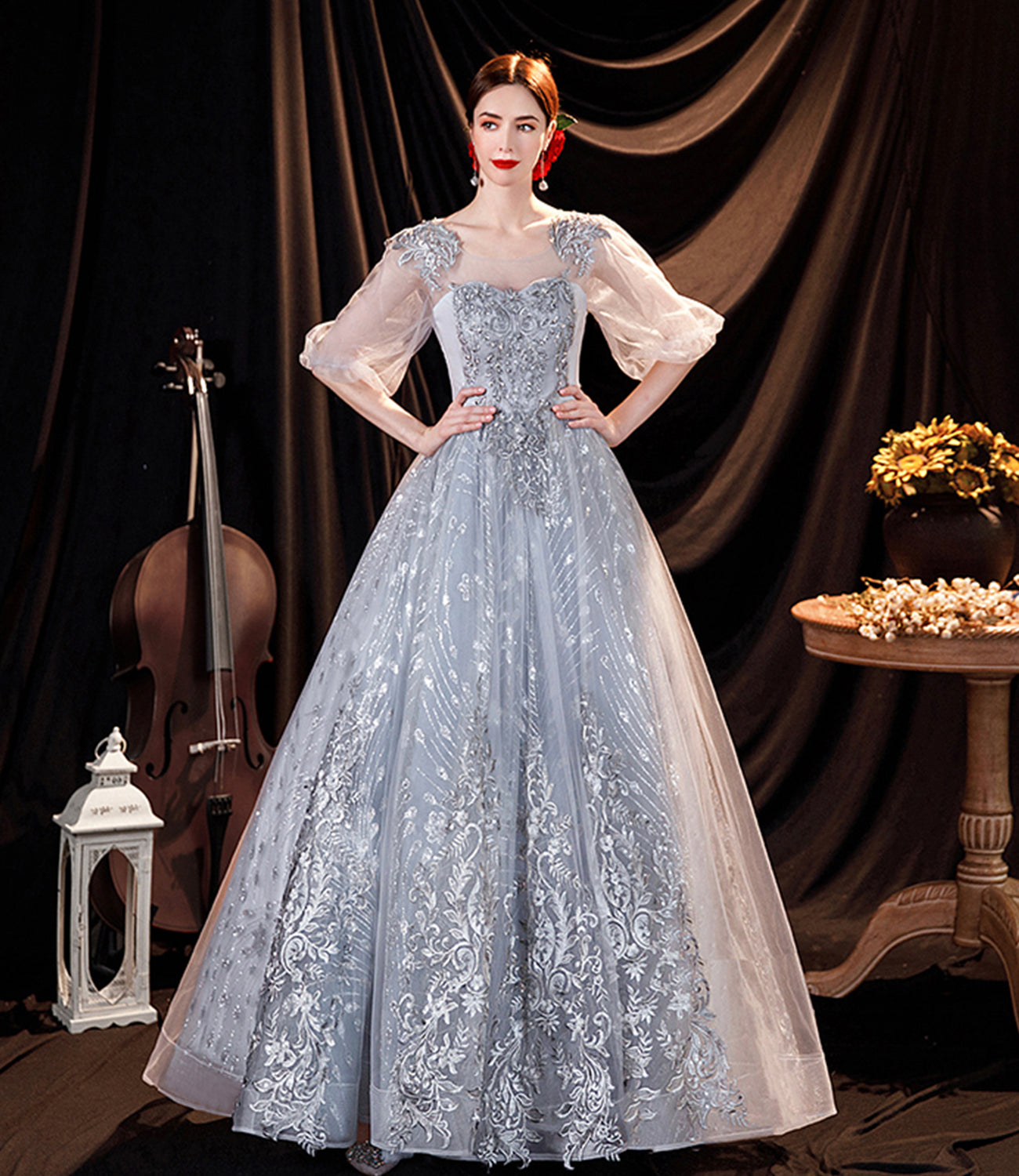 Gray tulle lace long prom dress A line evening gown  10508