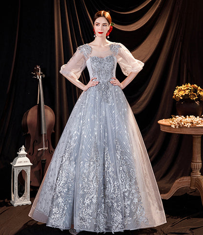 Gray tulle lace long prom dress A line evening gown  10508
