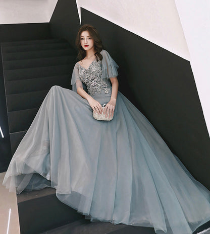 Grey tulle lace long prom dress lace evening dress  8532