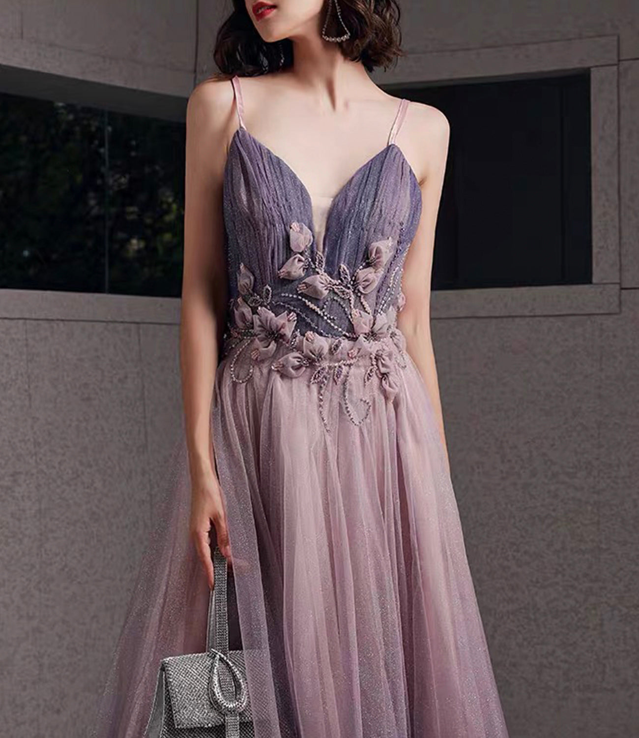 Purple tulle sequins long prom dress A line evening gown  10480