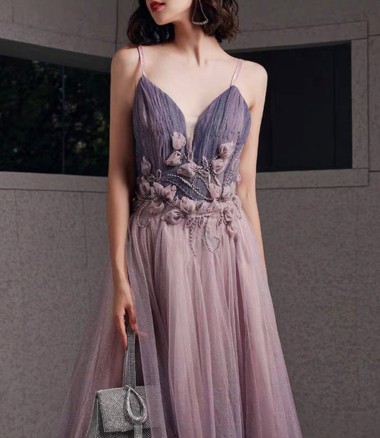 Purple tulle sequins long prom dress A line evening gown  10480