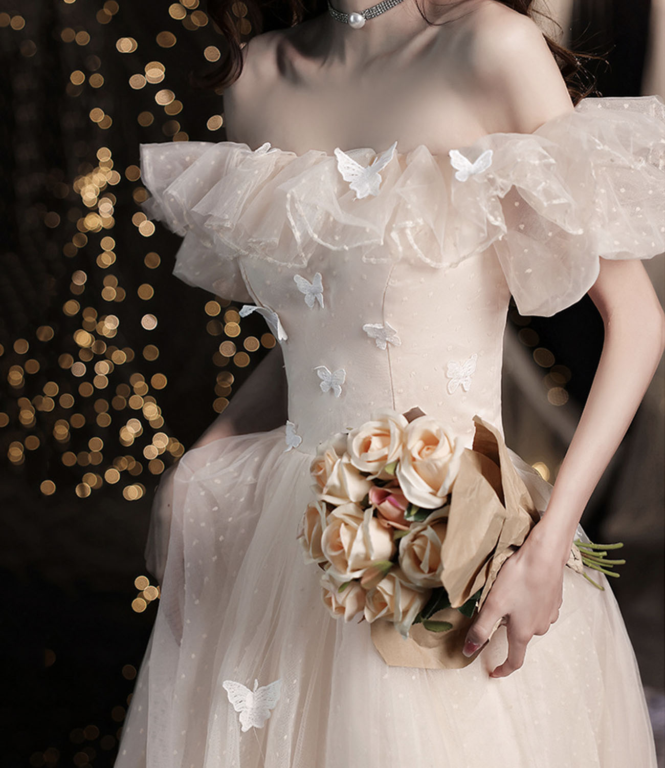 Champagne tulle long prom dress A line evening dress  10423