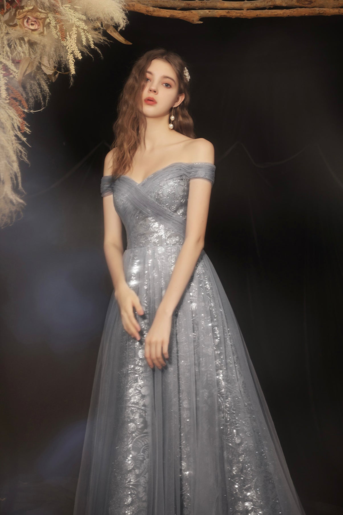Grey long A line prom dress off shoulder evening dress  8592