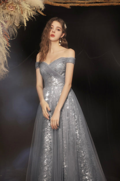 Grey long A line prom dress off shoulder evening dress  8592
