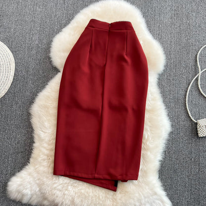 Versatile high waist slim wrap hip skirt medium length split one-step skirt  11284