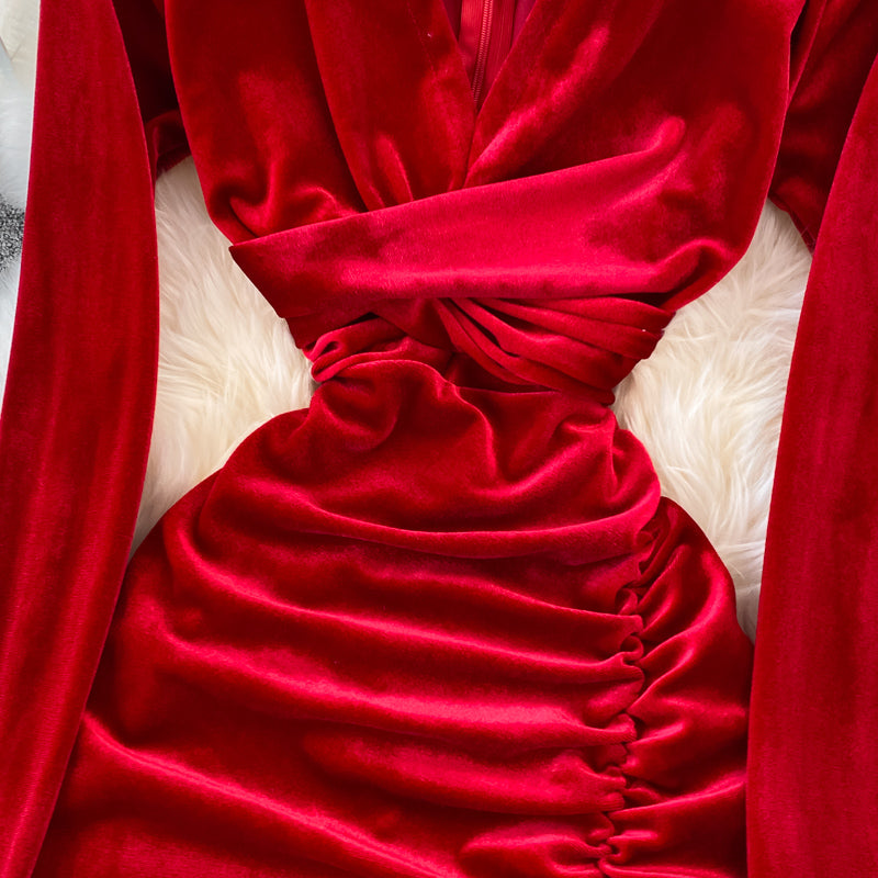 Simple V Neck Velvet Long Sleeve Dress Fashion Dress  10827