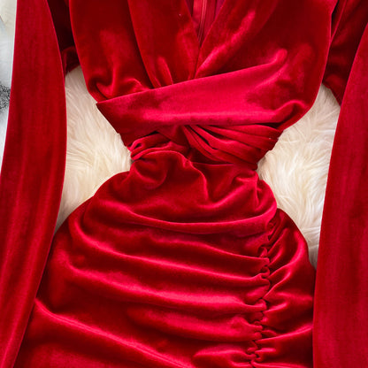Simple V Neck Velvet Long Sleeve Dress Fashion Dress  10827