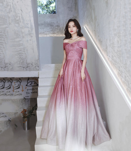 Pink gradient long A line prom dress pink evening dress  8742