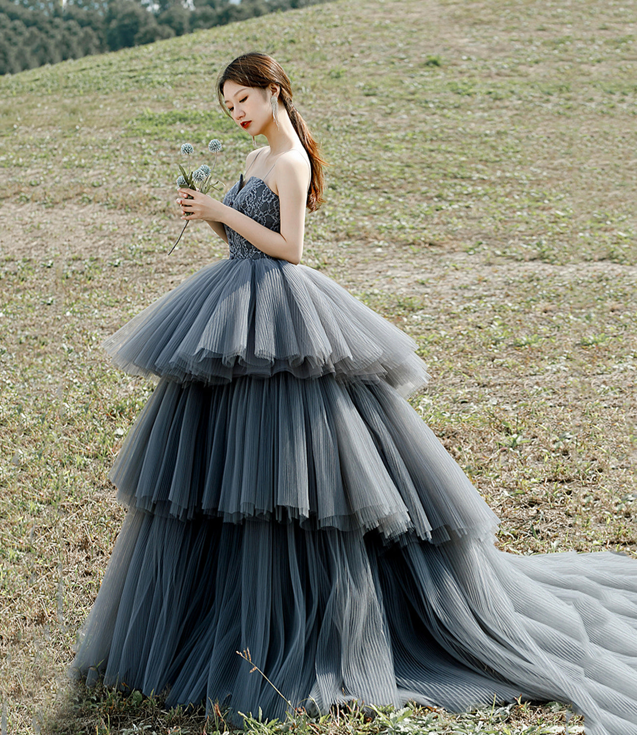 Gray tulle lace long ball gown dress formal dress  10306