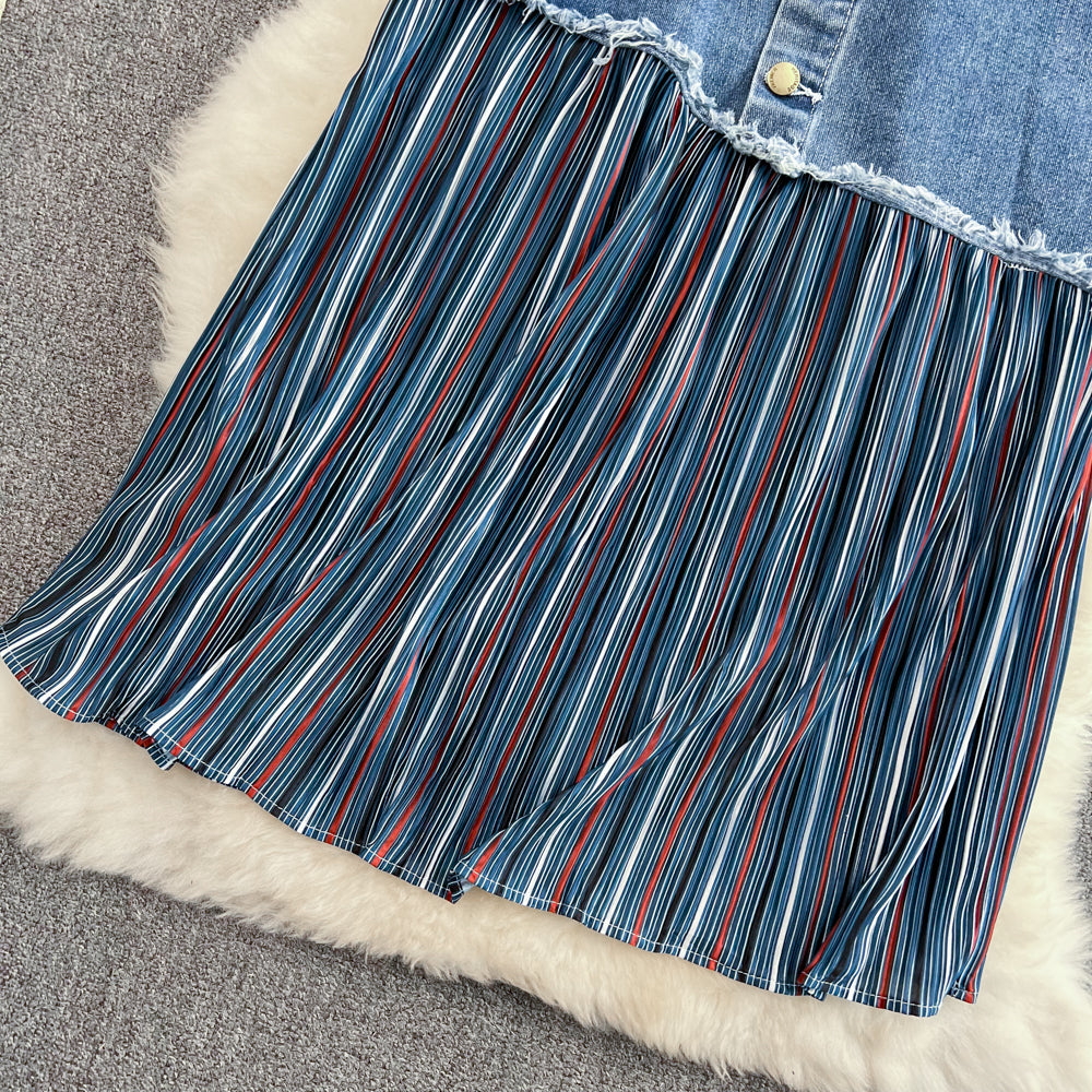 Pleated stitched denim skirt, irregular medium length A-line skirt  11275
