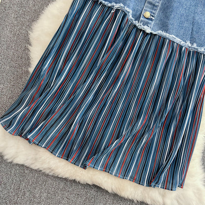 Pleated stitched denim skirt, irregular medium length A-line skirt  11275