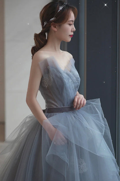 Blue tulle lace long ball gown dress blue evening dress  8766