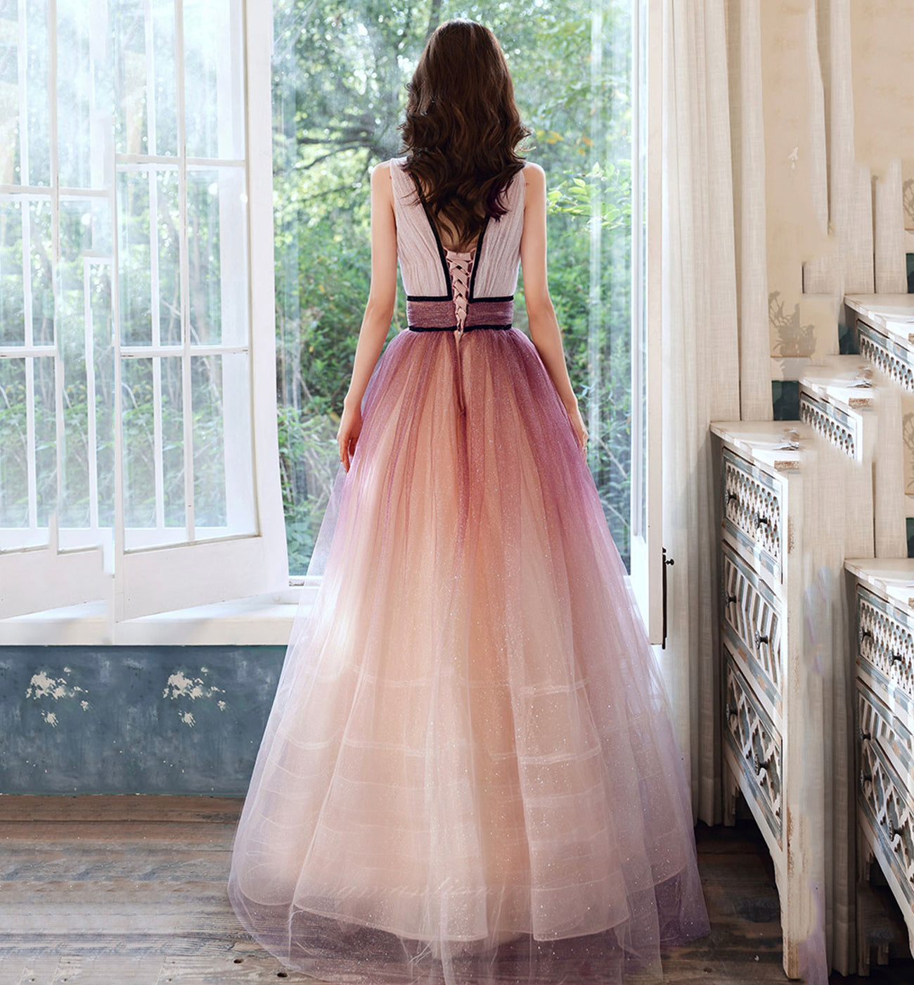 Pink v neck tulle long prom dress evening dress  8606