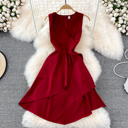 V-neck high waist slim Ruffle sleeveless A-line dress  11029