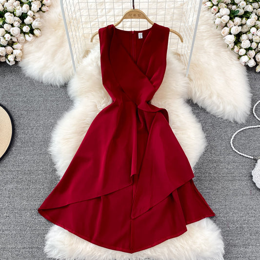 V-neck high waist slim Ruffle sleeveless A-line dress  11029