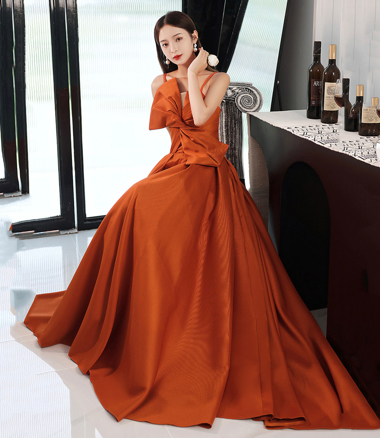 Orange satin long prom dress with bow A line formal dress  10568