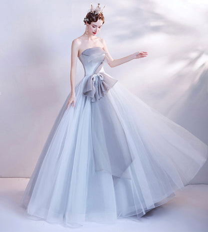 Gray tulle long prom dress gray evening dress  8432