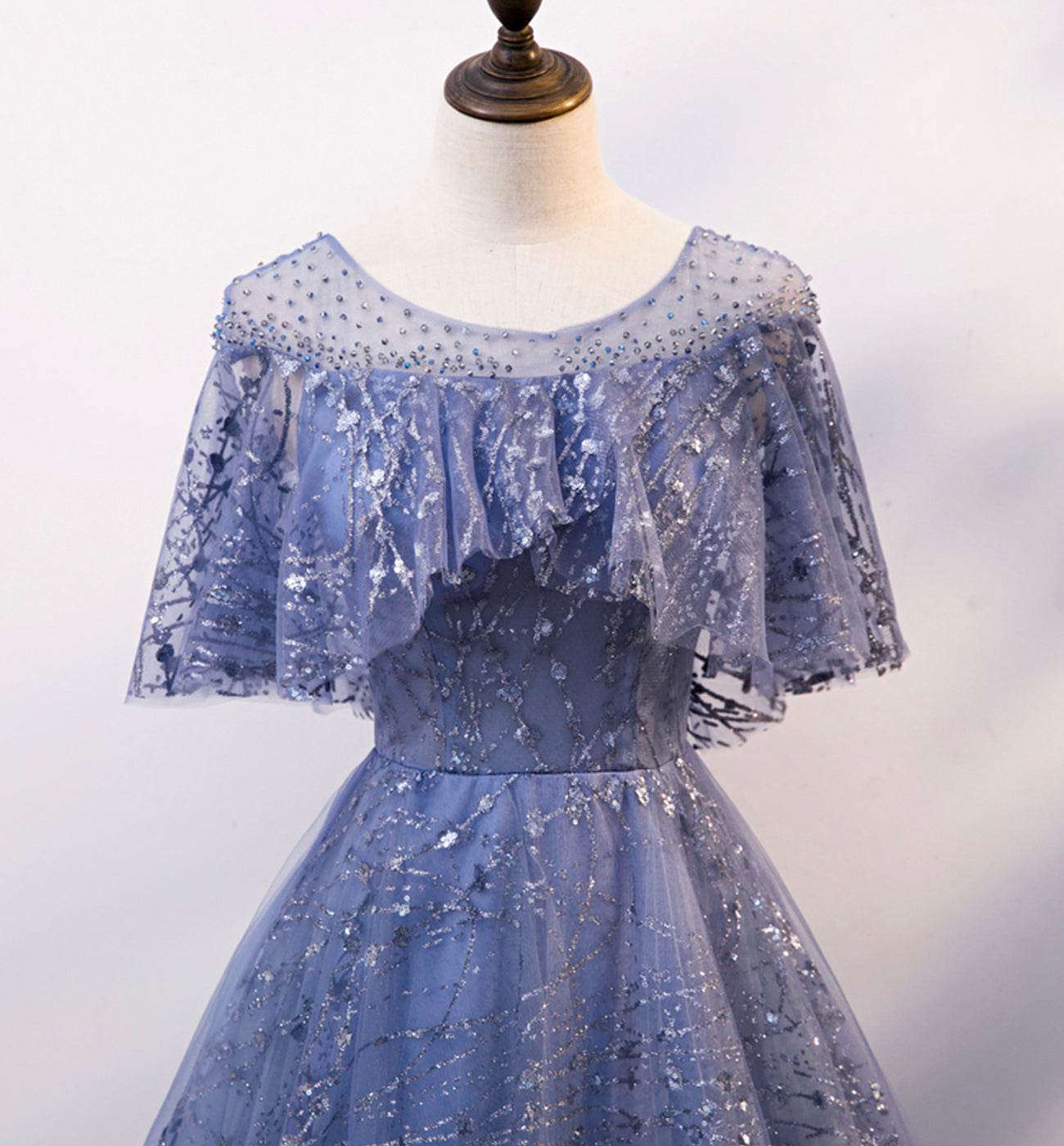 Blue tulle sequins long ball gown dress evening dress  8619
