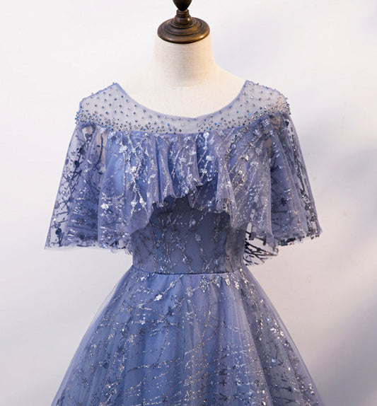 Blue tulle sequins long ball gown dress evening dress  8619