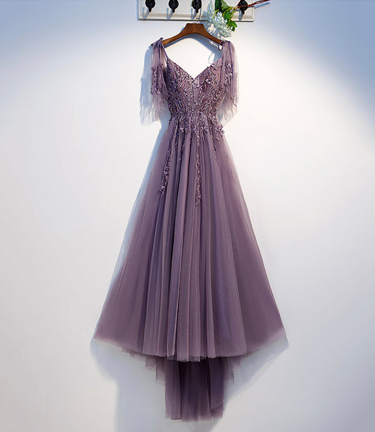 Purple tulle lace long prom dress A line evening dress  10494