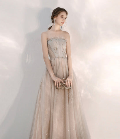 Champagne tulle sequins long prom dress evening dress  10375
