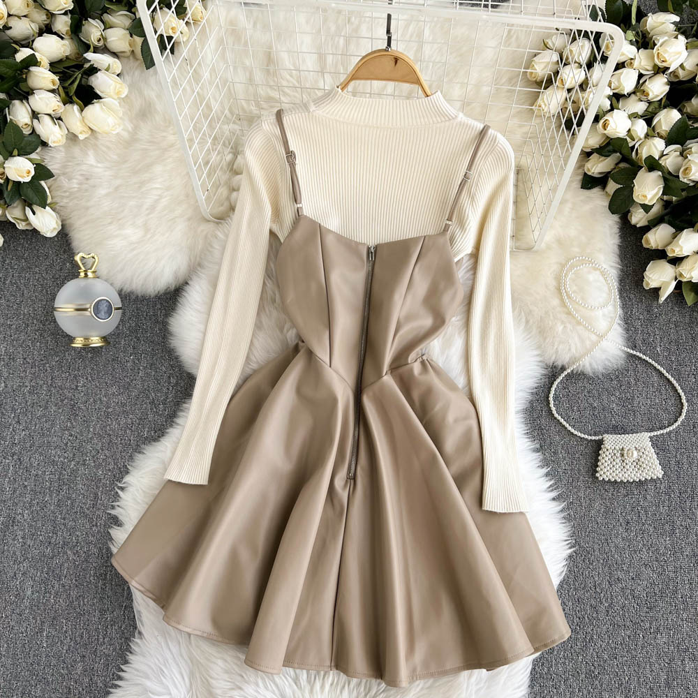 Fashionable Knitted Base Sweater + A Line PU Leather Dress Fashion Dress  10885
