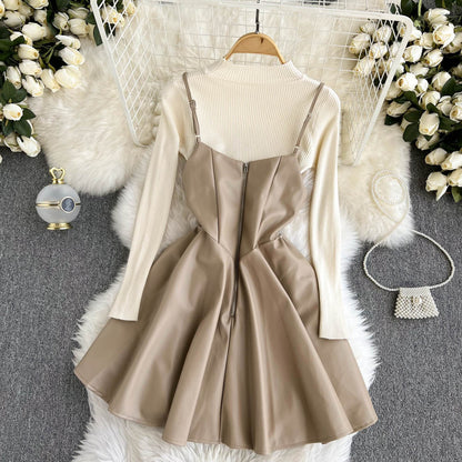 Fashionable Knitted Base Sweater + A Line PU Leather Dress Fashion Dress  10885