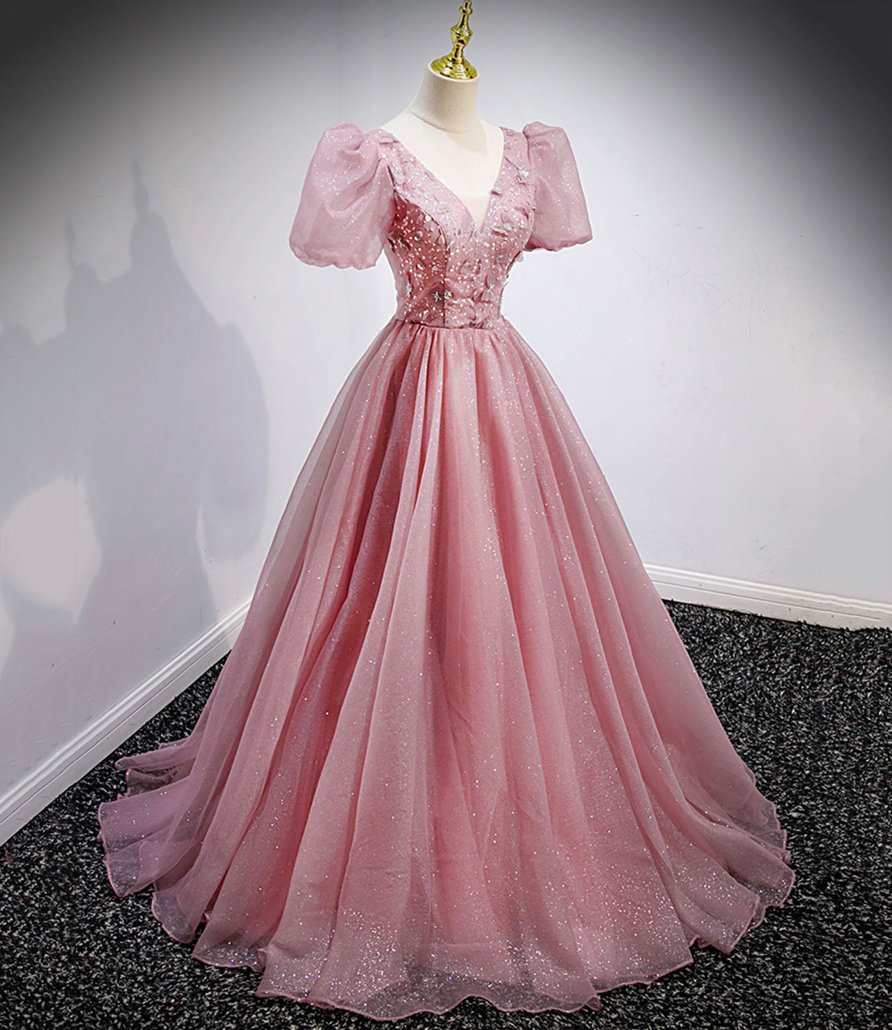 Pink tulle sequins long prom dress pink evening gown  10158