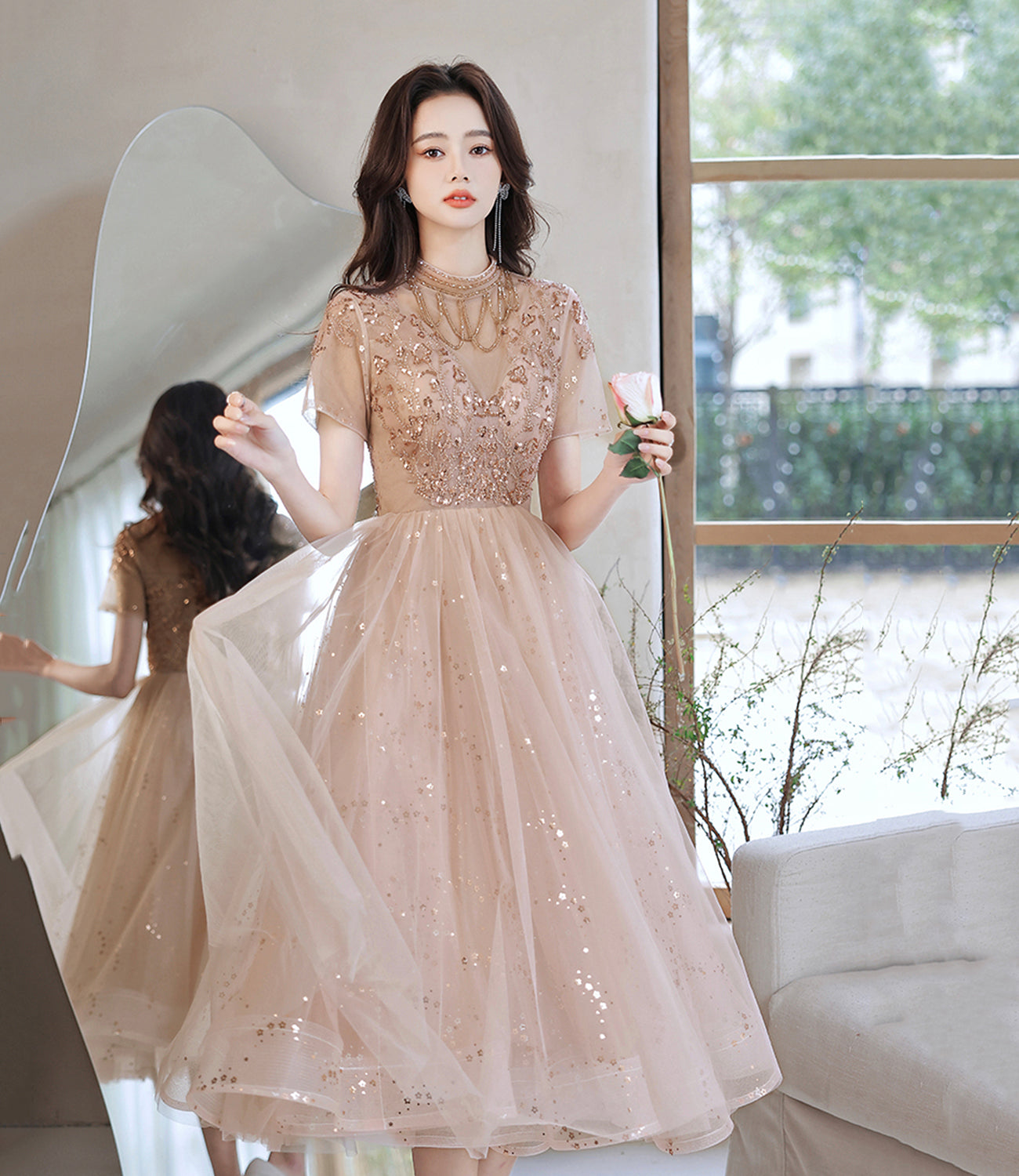 Cute tulle beads short prom dress A line party dress  10519