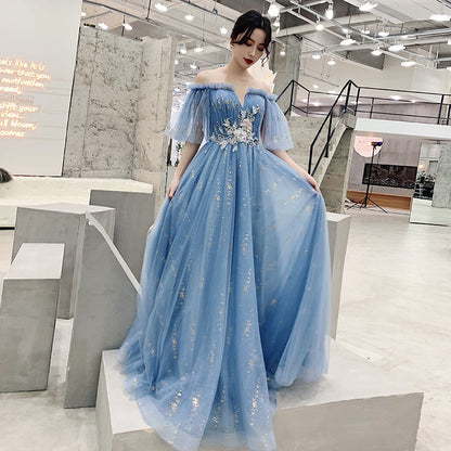 Blue tulle sequins long prom dress evening dress  8322