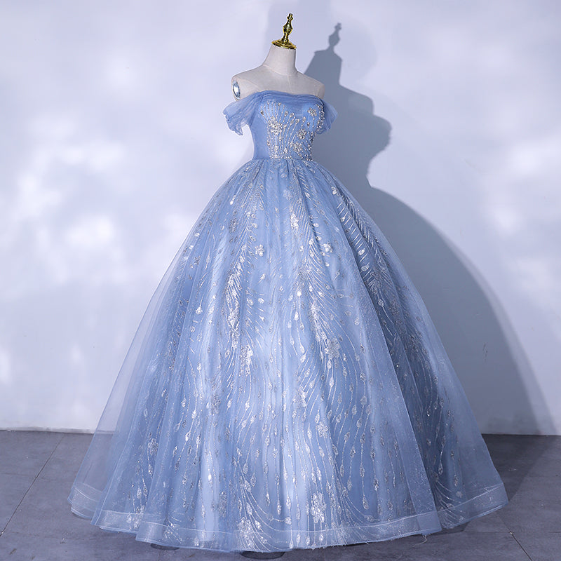 Blue tulle sequins long ball gown dress formal gown  10187