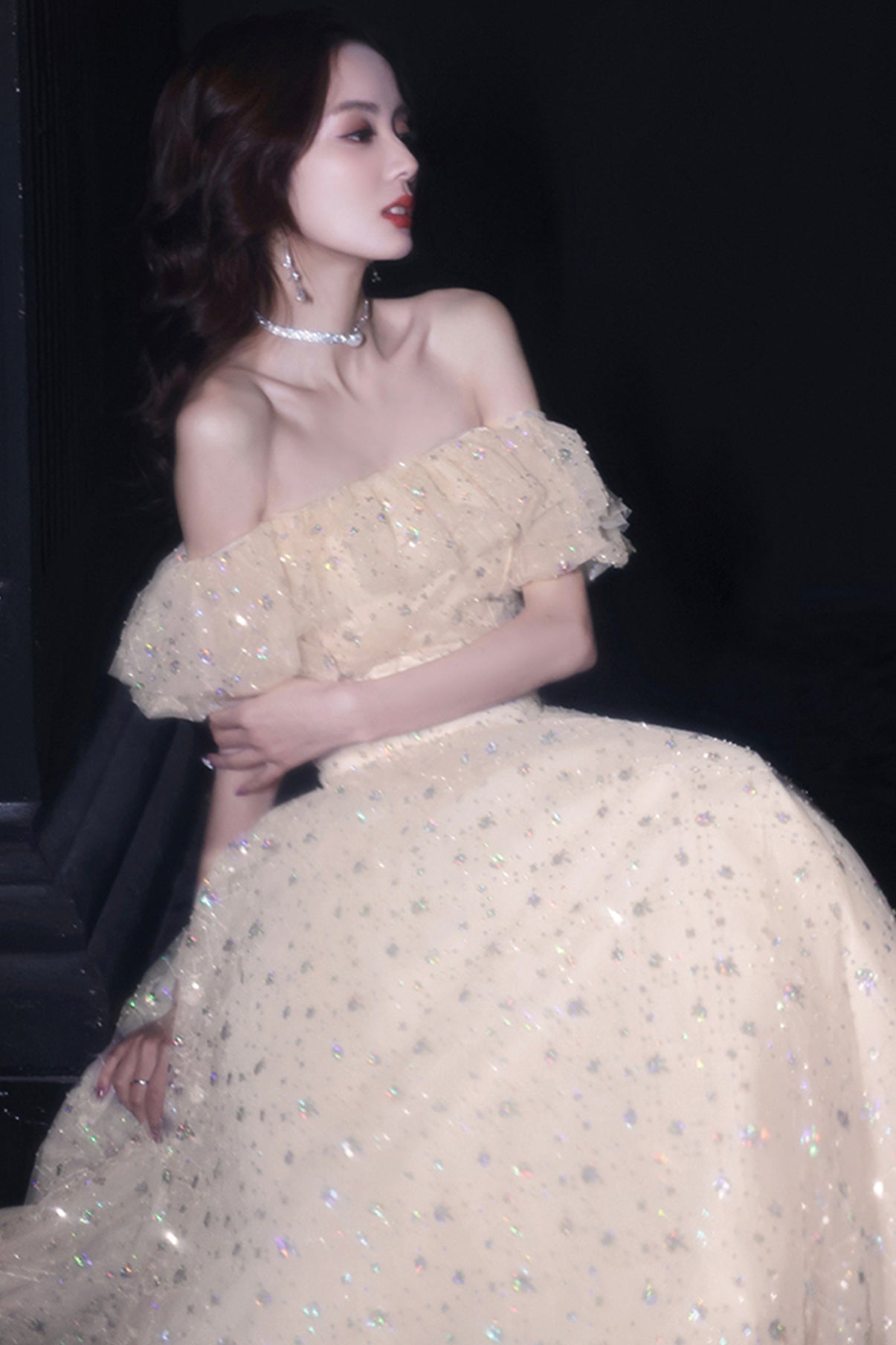 Shiny tulle sequins long A line prom dress evening dress  8715