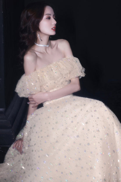 Shiny tulle sequins long A line prom dress evening dress  8715