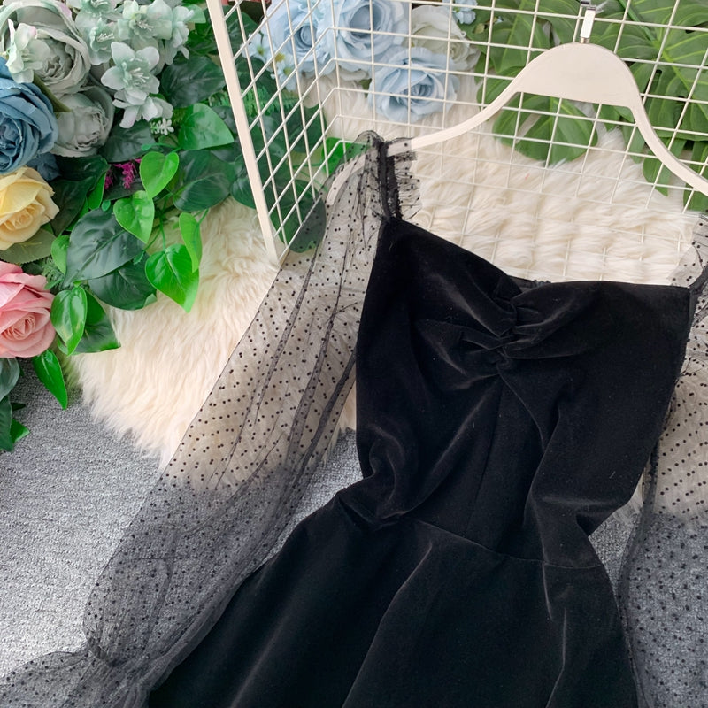 Black Velvet Short Dress Black Fashion Dress  10941
