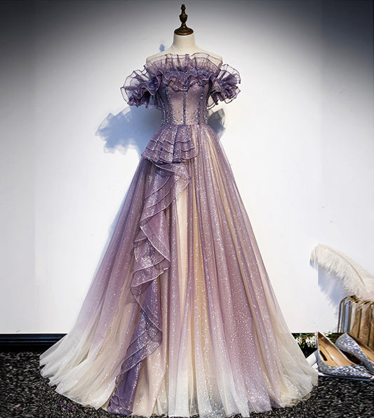 Purple tulle long ball gown dress formal dress  8544