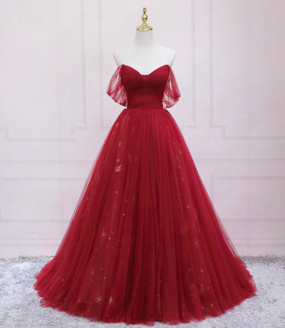 Red tulle sequins long prom dress A line evening dress  10569