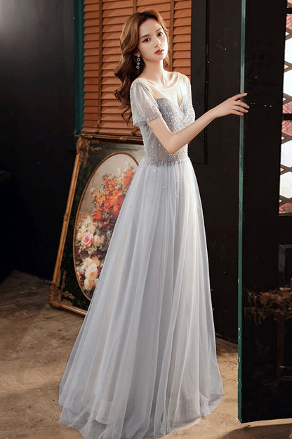 Cute tulle beads long A line prom dress evening dress  8727