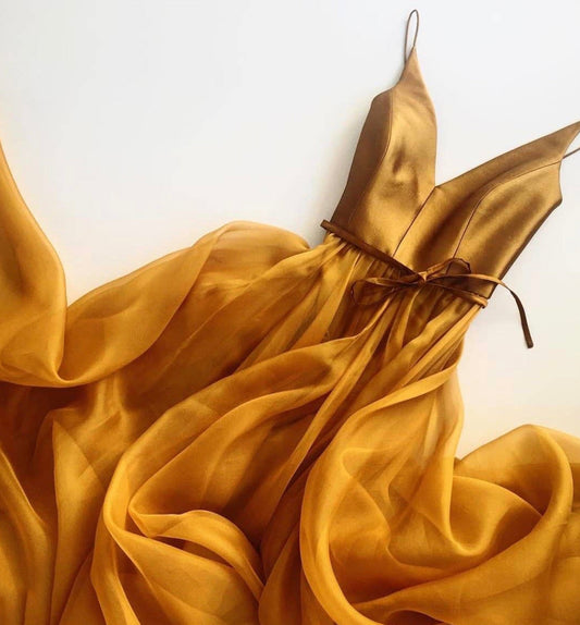 Gold v neck chiffon long prom dress gold evening dress  8621