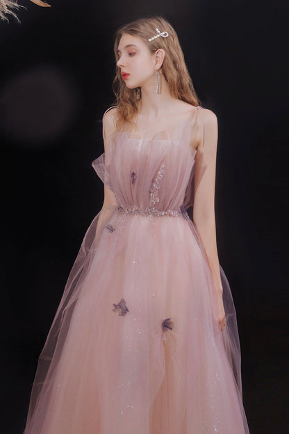 Pink tulle long A line prom dress evening dress  8570