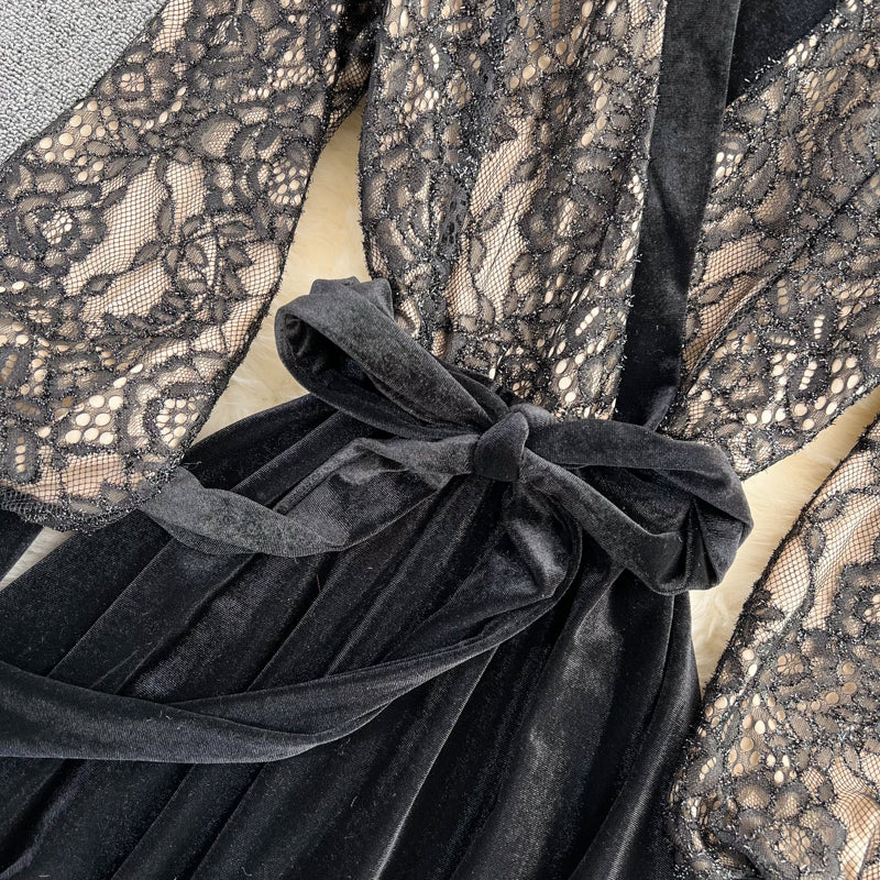 Black V Neck Lace A Line Dress Fashion Dress  10888