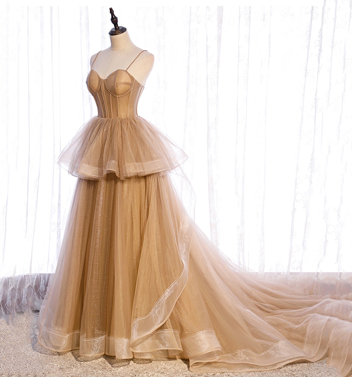 Cute tulle long A line prom dress A line evening gown  10010