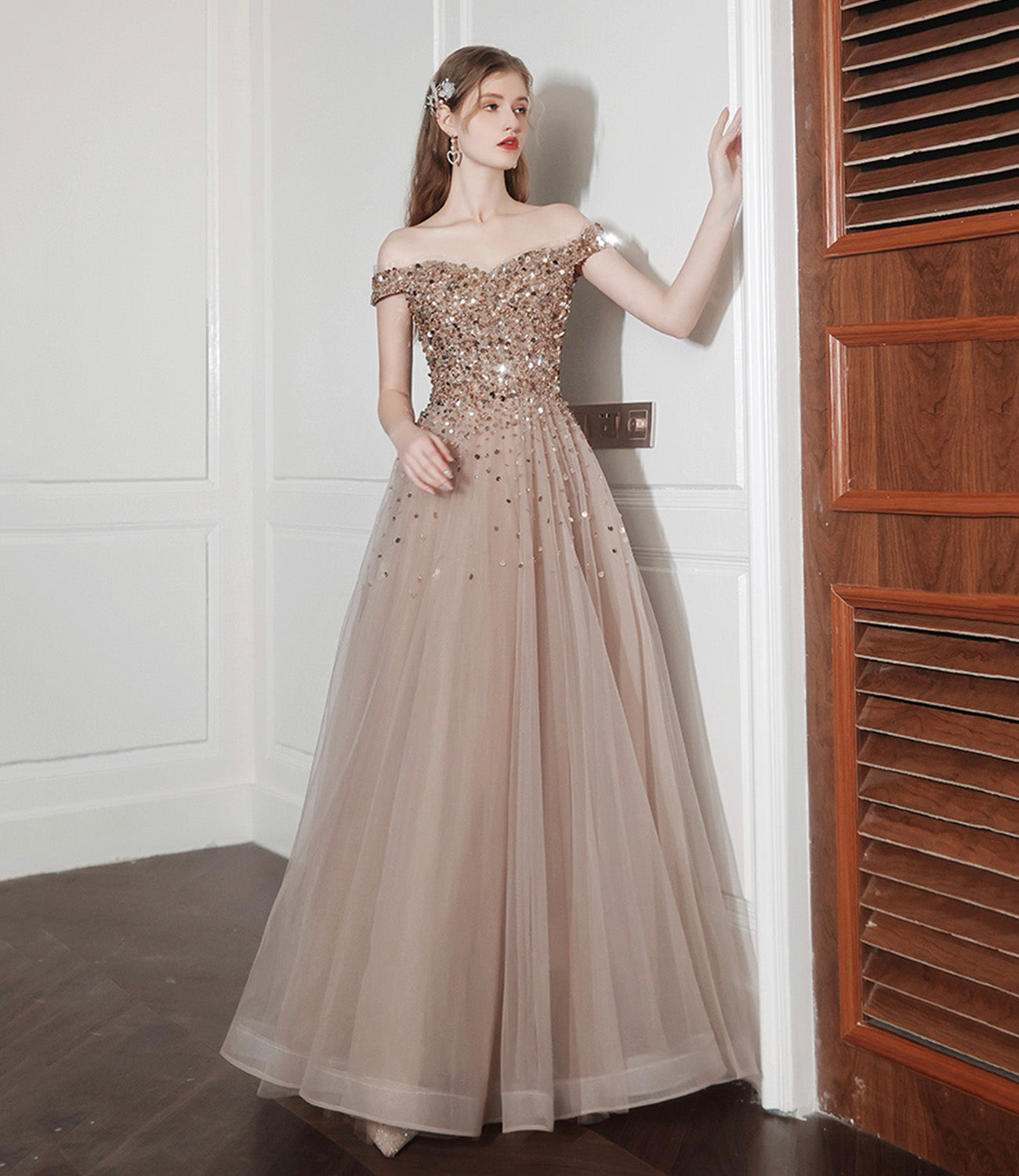 Shiny tulle sequins long prom dress A line evening dress  10576