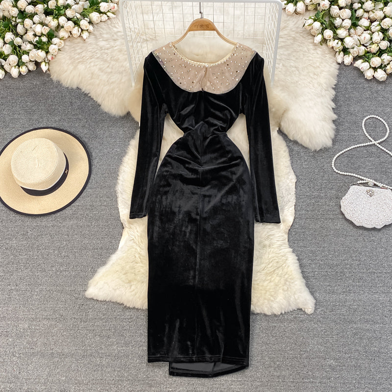 Black Velvet Long Sleeve Dress Fashion Dress  10929